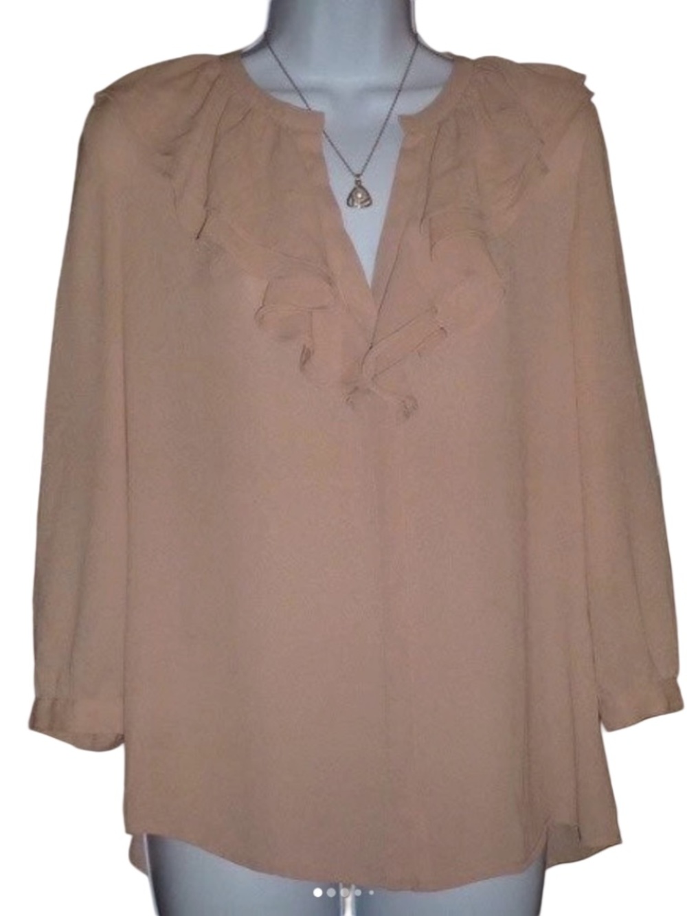 Forever 21 Ruffle Blouse, Pale Mauve Taupe, V-Neck, Romantic, Long Sleeve, M